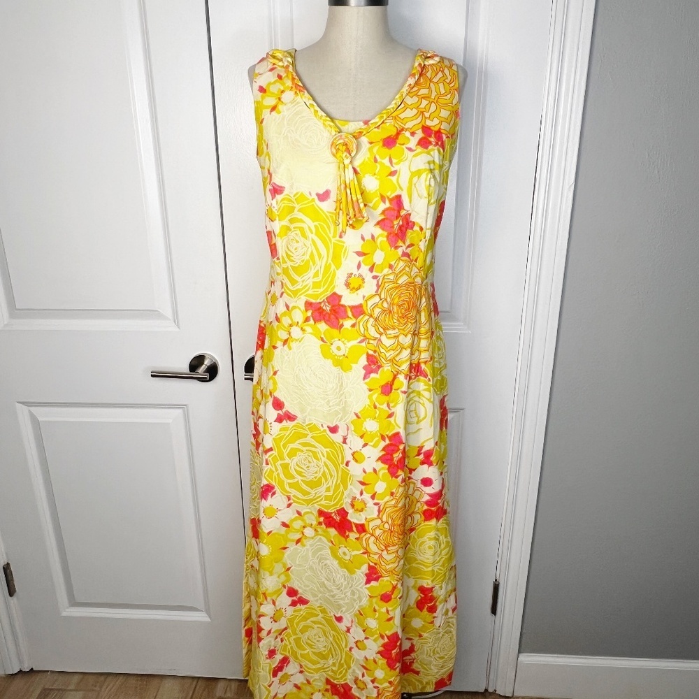 Vintage Yellow Floral Maxi Dress — 1970s Style —pink yellow floral print medium - Picture 3 of 9